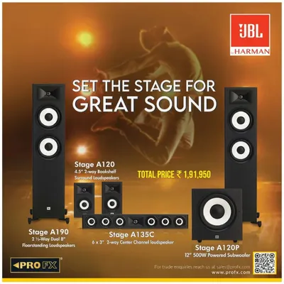 We provide complete home theater packages like the JBL Stage Speaker Series. This system, including floor-standing speakers, a center channel, and a powerful subwoofer, is engineered to bring a spectacular concert and cinema experience into your home.