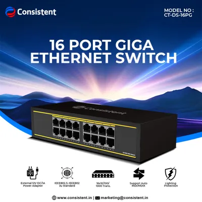 Our top-of-the-line 16-port Gigabit Ethernet Switch is built for demanding environments. It offers maximum bandwidth for all connected devices and features like Auto MDI/MDIX and lightning protection ensure a stable, secure, and easy-to-manage network.