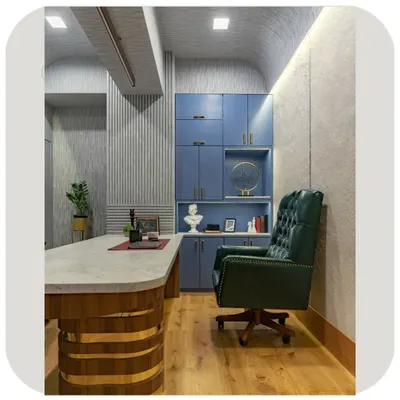 The director's cabin from a recent office project. I designed this space to be authoritative yet comfortable, with a custom desk, a classic leather chair, and a mix of modern and textured wall finishes.