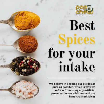 The soul of our pickles lies in the spices. We hand-crush our spice blends just before mixing to ensure the most potent aroma and flavour. This image shows some of the pure, high-quality spices we use.