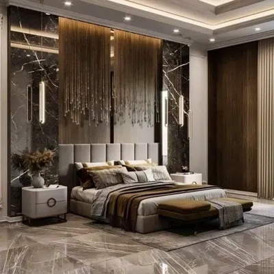 Experience ultimate luxury with this master bedroom design, featuring a stunning black marble accent wall with cascading crystal lights, a plush upholstered bed, and polished marble flooring for a hotel-suite feel.