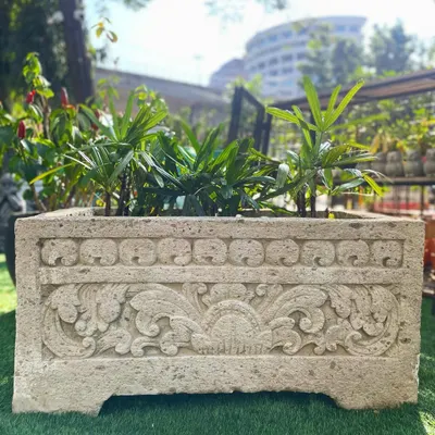 Our Balinese rectangular bath is a masterpiece of stone carving. This versatile piece can be used as a unique planter for a miniature garden or as a stunning water feature on a patio or in a courtyard.