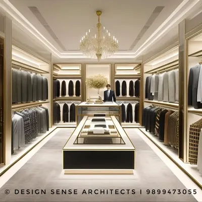 A 3D rendering of a luxury menswear boutique we designed. The concept features clean lines, warm backlighting for the clothing racks, and a central display island, all under a classic chandelier to create a sophisticated and high-end shopping experience.