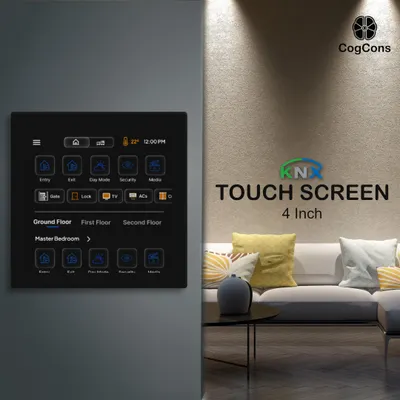 This is our 4-inch KNX touch screen, the central command hub for your entire home. From this sleek wall-mounted panel, you can manage lighting, security systems, climate, and media across different floors and rooms, replacing multiple switches with one elegant interface.