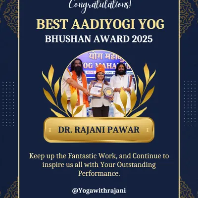 I am deeply grateful to have received the Best Aadiyogi Yog Bhushan Award for 2025. This recognition inspires me to continue sharing the profound benefits of yoga with all my students.