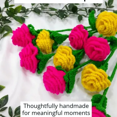 These bright pink and yellow crochet rose bouquets were thoughtfully handmade for a school's annual function in Mumbai. They are a wonderful way to appreciate teachers and students.
