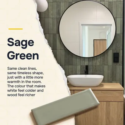Sage green subway tiles bring the same clean lines and timeless shape as the classic white, but with a little more warmth. This color makes white fixtures feel colder and wood tones feel richer, adding subtle sophistication to this bathroom.