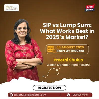 This is an announcement for our live webinar on "SIP vs Lump Sum," featuring our wealth manager, Preethi Shukla. The session is designed to demystify this common investment dilemma and provide clarity for navigating the 2025 market.