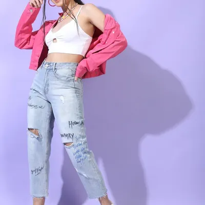 A full look I styled for Tokyo Talkies, featured on Myntra. This outfit combines a pink denim jacket with ripped jeans and a white crop top for a trendy, edgy vibe.