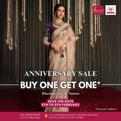 An announcement for my Anniversary Sale, featuring a model in an elegant tissue silk saree. These events are a great opportunity to get timeless weaves at unbeatable prices.