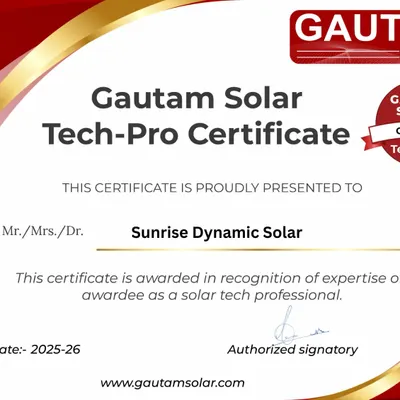 I am proud to share our Gautam Solar Tech-Pro Certificate. This recognizes our expertise as a solar tech professional and is a testament to the quality and knowledge we bring to every project.
