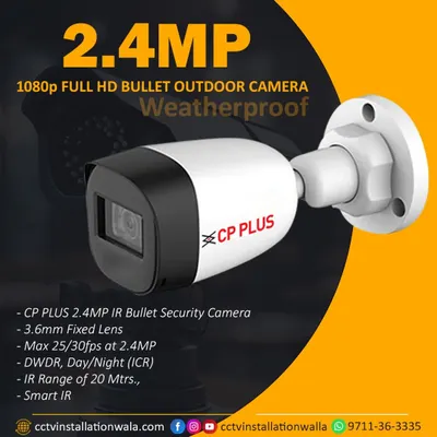 This is my go-to for most outdoor needs: the CP Plus 2.4MP IR Bullet Camera. It delivers 1080p Full HD video, has a 20-meter infrared range for clear night vision, and is fully weatherproof.