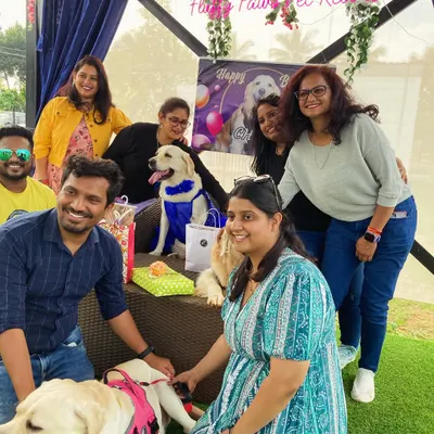 A beautiful group photo from Chris the Golden Retriever's birthday party. We provide the perfect backdrop for friends, family, and furry pals to celebrate together.