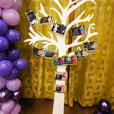 A creative way to display precious memories. I used this white tree prop with small clips and string lights to showcase a baby's monthly milestone photos at their first birthday party.