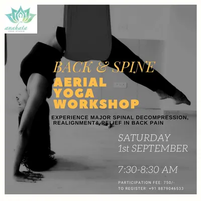I often hold specialized workshops focusing on back and spine health. This poster highlights how we combine floor and aerial yoga to achieve major spinal decompression and realignment. It's a targeted approach for anyone seeking relief from back pain.