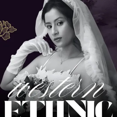 This poster captures my approach to bridal wear, which I call 'Western Ethnic'. It's about blending the elegance of Western bridal silhouettes with the soul of Indian design.