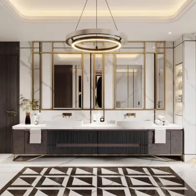 This bathroom render showcases a grand, symmetrical vanity with dual sinks, framed by gold-accented mirrors. We've focused on the geometric floor pattern and the statement circular chandelier to create a feeling of modern opulence.