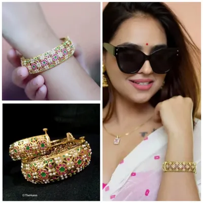 Our gold-plated Jadau openable bangles are a customer favourite. This collage shows the intricate floral design with red and green stones, and how beautifully they look when worn.