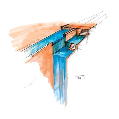 A concept sketch for the 'Waterfall' house. The idea for the three-story tall 'wall of water' began with this simple, expressive drawing, capturing the essence of the design in a few strokes.