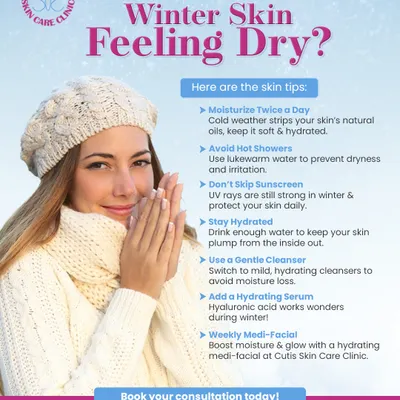 Is your skin feeling dry this winter? This infographic provides essential skin tips, such as moisturizing daily, avoiding hot showers, and using a hydrating serum to keep your skin soft, plump, and protected during the colder months.
