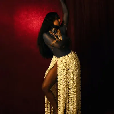 A conceptual shoot interpreting the fierce energy of the goddess Kali. The use of a skirt made of jasmine flowers and dramatic posing against a red backdrop creates a powerful visual narrative of destruction and creation.