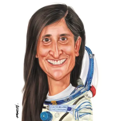 A detailed caricature of Indian-American astronaut Sunita Williams.