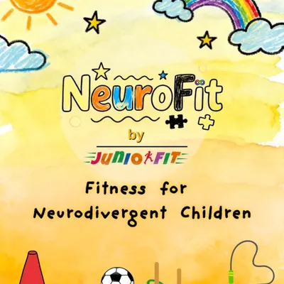 Welcome to NeuroFit! This graphic showcases the fun, playful equipment we use, from cones and rings to soccer balls and jump ropes, all part of our fitness program for neurodivergent children.