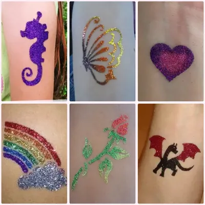 A showcase of six different popular glitter tattoo designs. This demonstrates my range, from a seahorse and butterfly to a heart, rainbow, rose, and even a dragon.