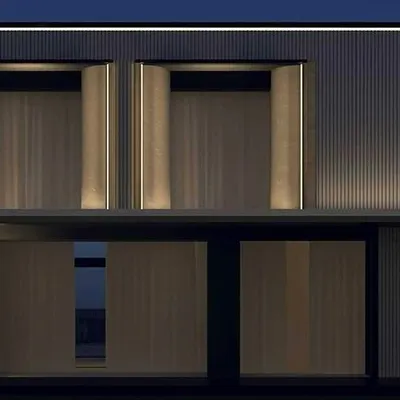 This is a lighting visualization for a modern residence, focusing on the interplay between linear LEDs and recessed vertical lights. The simulation helps perfect the balance and intensity before any fixtures are installed.