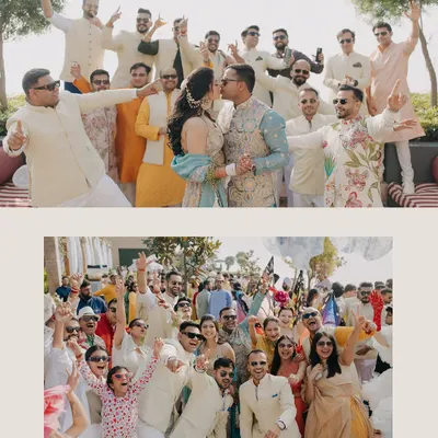 The groom's squad and the bride's crew coming together for a fun, energetic group photo at the Haldi. These are the moments of shared joy with the people who matter most.