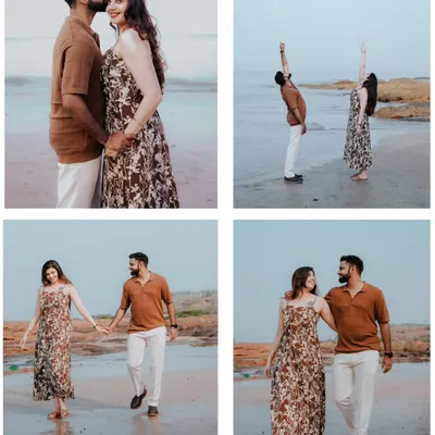 A collage from Ajay and Asmita's beach photoshoot, showing a variety of poses from romantic holds to fun, energetic movements by the water.