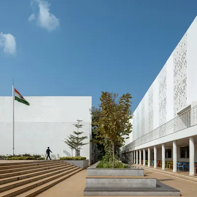 At Vidyashilp Academy, we designed open, stepped plazas that serve as informal gathering spots for students. These spaces, integrated with planters and seating, encourage social interaction and provide a calm, walkable campus environment that supports mental well-being.