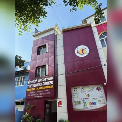 An exterior view of The Venkat Center in Bangalore, a state-of-the-art institute for dermatology, plastic surgery, and hair restoration.
