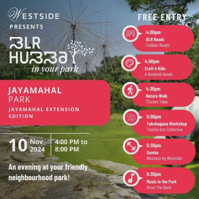 We often partner with city-wide initiatives like BLR Hubba to bring craft to the people. This poster announces an event at Jayamahal Park, featuring our 'Craft 4 Kids' workshop alongside music, dance, and nature walks.
