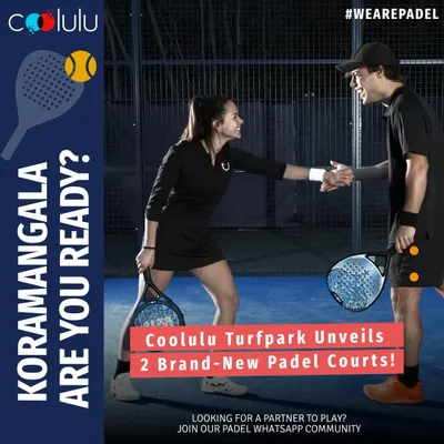 This image announces the launch of my two new padel courts at the Coolulu Turfpark in Koramangala. It shows two players shaking hands over the net, reflecting the fun and social atmosphere of the sport. It’s an invitation for both new and experienced players to book a court and join the game.