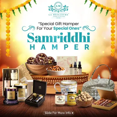 The 'Samriddhi Hamper', our most luxurious festive offering. It's a grand gesture packed with an extensive selection of our finest bakes, premium teas, coffees, and elegant decor items for a truly special celebration.