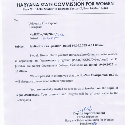 An official invitation from the Haryana State Commission for Women to be a speaker at a legal awareness program covering POSH, POCSO, and Cyber Law.