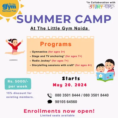 This is a clear overview of our Summer Camp programs, including gymnastics, anchoring, radio jockeying, and storytelling. It provides essential details like the start date and weekly fees, with a special discount for our existing members.