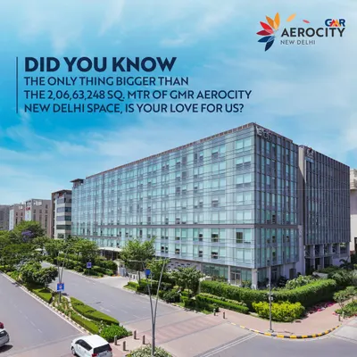 Spanning over 2 million square meters, GMR Aerocity is a landmark destination. This aerial view showcases the scale of our development, a hub of commerce and lifestyle right next to the airport.