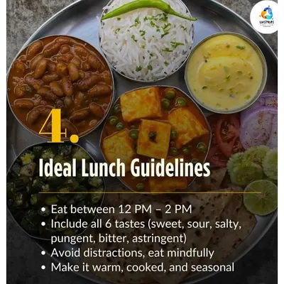 This is what an ideal lunch looks like. It should be your biggest meal, eaten between 12-2 PM, and include all six tastes according to Ayurveda. Eating a warm, cooked, seasonal meal mindfully is key to good digestion.