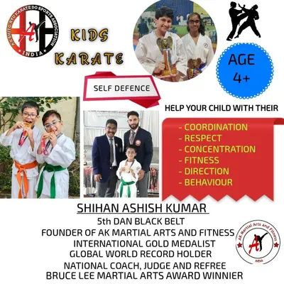 This graphic outlines the key benefits of our kids' karate program, which is open to children from age 4. We focus on building character traits like respect and concentration alongside physical skills.