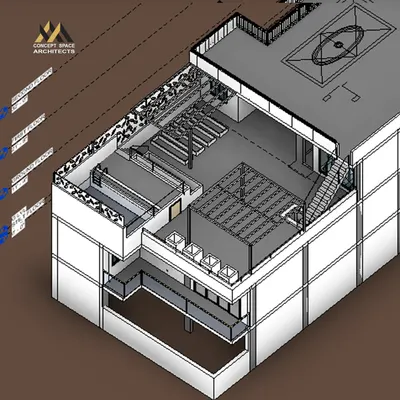 An isometric 3D model of a residential bungalow. This technical drawing shows the layout of the terrace, including a garden, swimming pool, and pergola, demonstrating our detailed planning for functional outdoor spaces.
