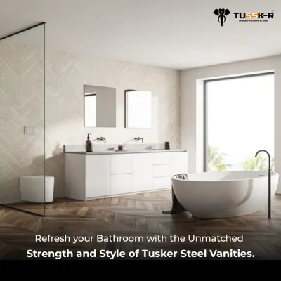 This is a perfect example of our minimalist design philosophy for bathroom storage. The floating white steel vanity creates a sense of space, while the dual sinks and ample cabinet storage offer practical functionality. Its waterproof construction ensures it will never swell or warp.
