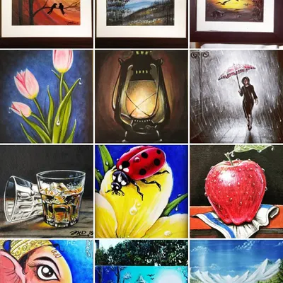 This collage features a dozen of my earlier paintings from 2019. It includes a mix of subjects like Ganesha, a whiskey glass, an apple, birds at sunset, and various landscapes, showing the breadth of my interests.