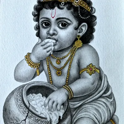 A detailed pencil sketch of Bal Krishna enjoying his favorite makhan. I focused on his joyful expression and the texture of the butter overflowing from the pot. The gold jewelry is highlighted with color to contrast with the black and white shading.