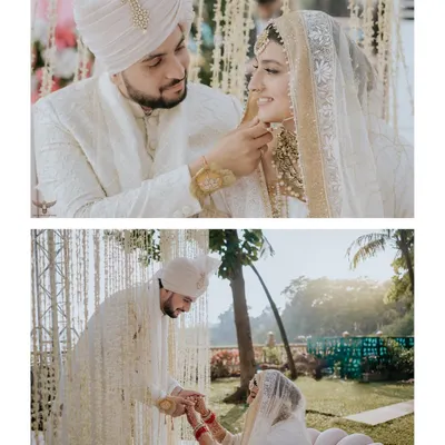 A diptych of tender moments from a Nikaah ceremony. It captures the groom's gentle touch and the couple's shared glance, highlighting the quiet intimacy of the rituals.