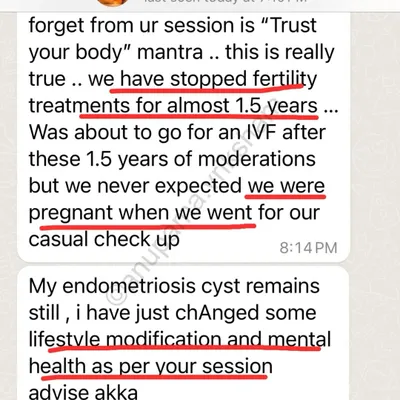This student stopped fertility treatments for 1.5 years and was about to go for IVF. But with lifestyle modifications and focusing on mental health, she conceived unexpectedly, even with an endometriosis cyst.