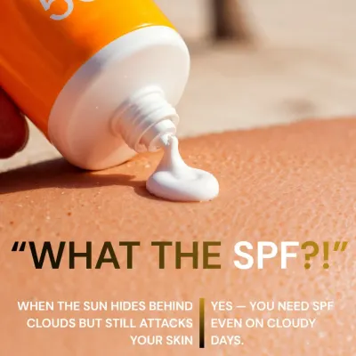 "What the SPF?!" Even on cloudy days, up to 80% of the sun's UV rays can penetrate your skin. This is why we always say sunscreen is a daily necessity, rain or shine.