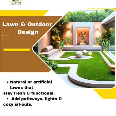 This design showcases a modern approach to lawn and outdoor spaces. I use artificial turf to create clean, geometric lines that contrast beautifully with the surrounding plants and a serene, built-in sit-out area with a water feature.