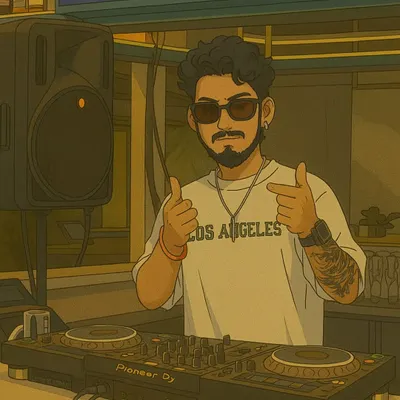 This illustration captures my confident and easygoing vibe, ready to bring joy to the party. The Pioneer DJ deck is always part of the picture.